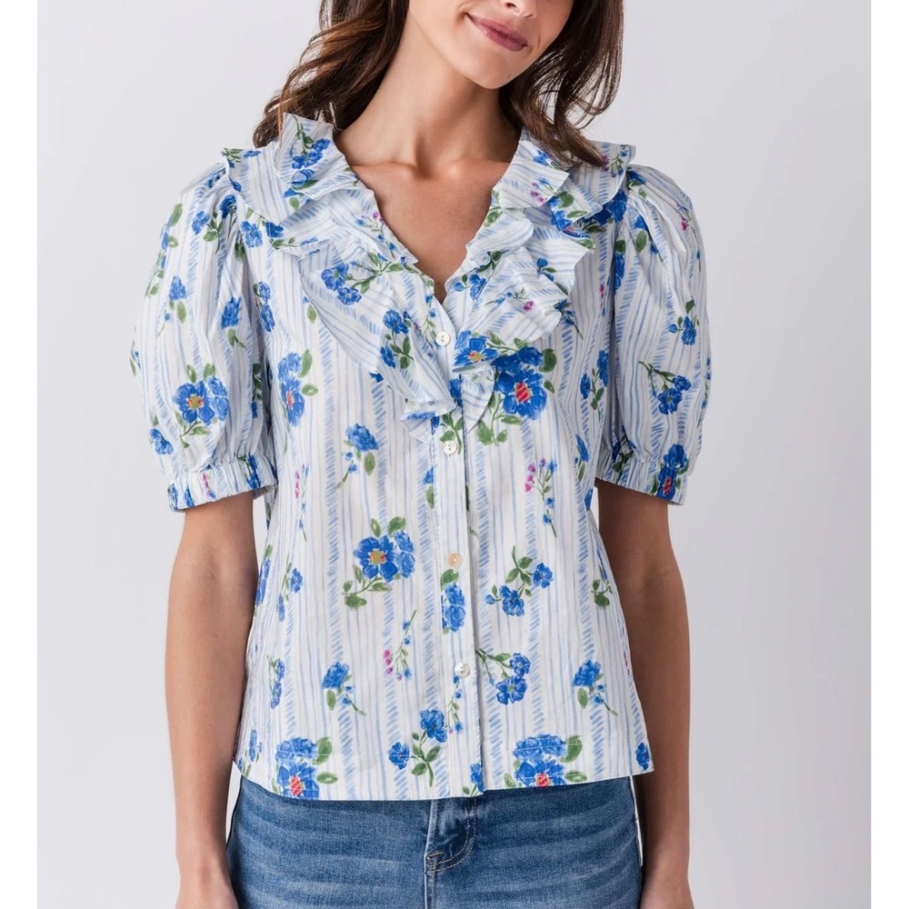 Pinch Blue Floral Stripe Ruffle V-Neck Puff Sleeve Cotton Blouse Top Medium